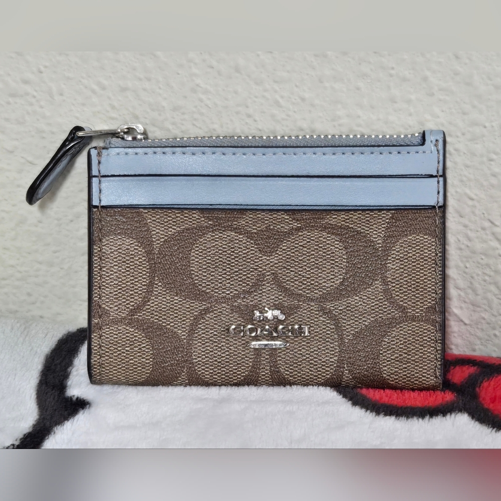 Coach Signature Canvas Card Case with Sky Blue Trim